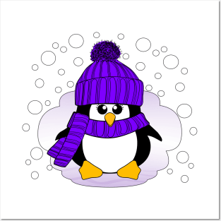 Christmas Penguin with Purple Hat and Scarf Posters and Art